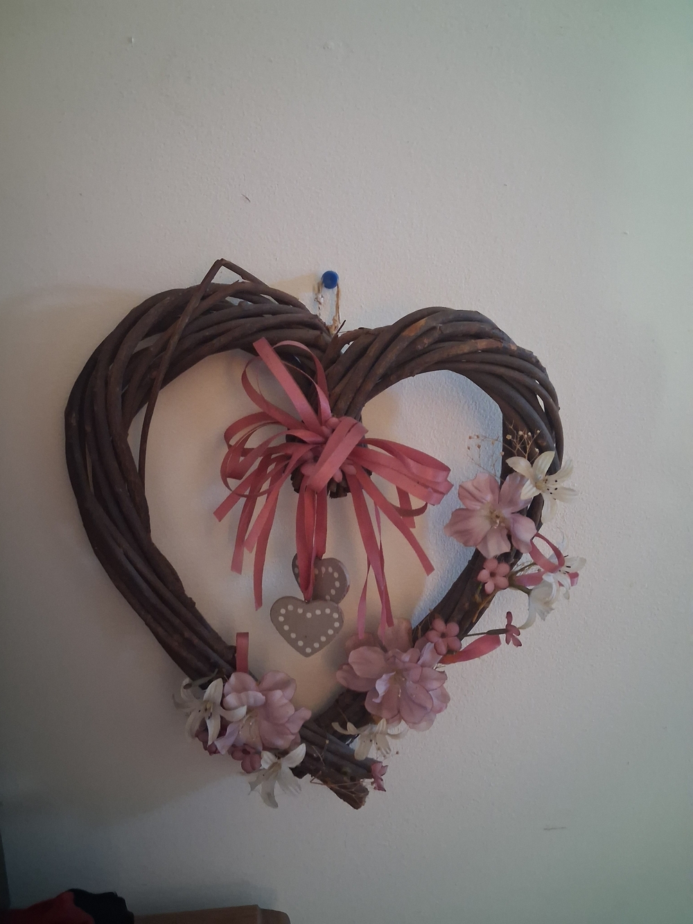 Handmade Heart Grapevine Wreath with Pink Ribbon & Flowers